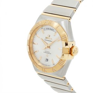 The silvery dials fake watches have day and date windows.